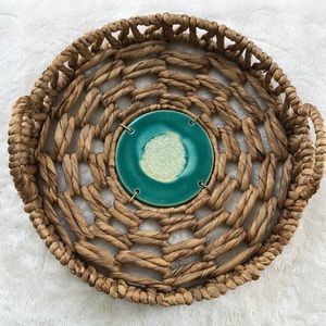 Sandbar seagrass blue ceramic center handle tray